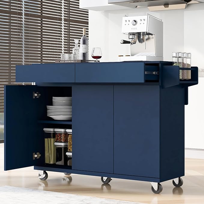 53" Kitchen Island with Drop Leaf,Dining Storage Cart W/Spice Rack,Towel Rack and 2 Drawers,Rolling Island on Wheels W/Adjustable Shelves for Kitchen,Dining Room,Navy Blue