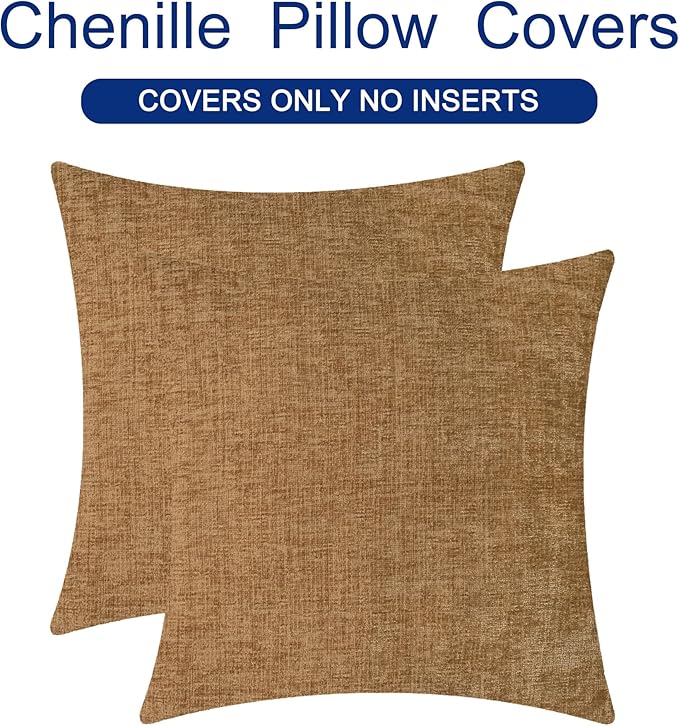 CaliTime Throw Pillow Covers Decorative 26 X 26 Inches Pack of 2 Cozy Chenille Cushion Cases for Couch Sofa Bed Living Room Home Apricot Brown
