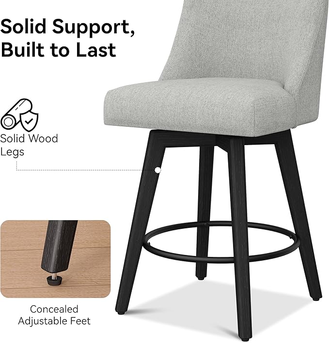 Counter Height Bar Stools Set of 4, Modern Swivel Barstools with Back and Wood Legs, Linen Fabric Upholstered Bar Chairs, 26" H Kitchen Counter Stools, Kitchen Island Home Bar, Light Grey