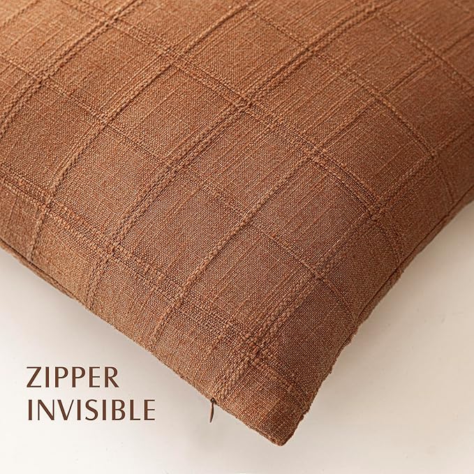 Foindtower Set of 2 Decorative Linen Check Throw Pillow Covers Neutral Farmhouse Vintage Cushion Covers Modern Boho Home Decor for Sofa Chair Couch Bedroom Living Room Outdoor,16×16 Inch,Orange