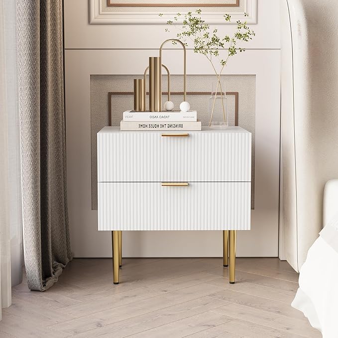 White Nightstand for Bedroom, Fluted Night Stand, End Table for Living Room, Mid Century Modern Bedside Table with Drawers, Bed Side Table with Gold Metal Legs, Bedroom Furniture Stripe