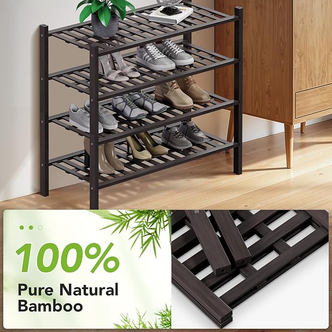 Haddockway 4 Tier Bamboo Shoe Rack Storage Organizer, Multifunctional Free Standing Stackable Shoe Shelf with Grid Panel for Closet,Hallway,Entryway,Small Space 27"x11"x26"(Brown, 4 Tier)