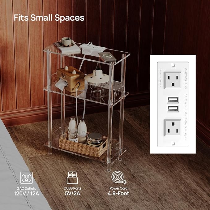 HMYHUM Acrylic Narrow Side Table with Charging Station, 7'' Width, 3-Tier Skinny End Table for Small Spaces, Clear Nightstand/Bedside Table with USB Ports Outlet, 15.7" L x 22.9" H