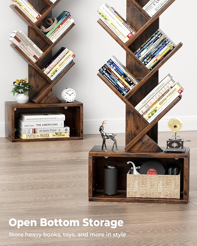 6 Tier Tree Bookshelf with Smart Light, Small Bookcase Tower with Remote Control, Tall Floor Standing Book Organizer for Living Room, Bedroom & Home Office, Rustic Brown