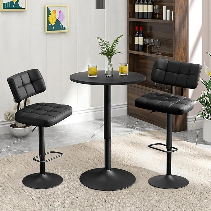 Furniliving Upholstered Bar Stools Set of 4, Faux Leather Swivel Bar Stools with Back, Adjustable Counter Height Barstools for Kitchen Island, Dining Space, Black