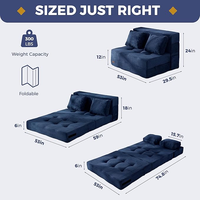 MAXYOYO Convertible Sofa Bed, Fold Out Sleeper Sofa with Pillow, 4 in 1 Tufted Folding Couch Bed Foam Floor Couch, Lazy Chair for Living Room Bedroom Guest Room, Navy
