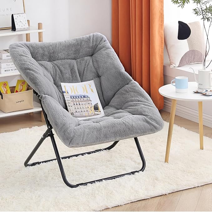 Comfy Dorm Chair - Oversized Folding Saucer Chair with Soft Faux Fur, Metal Frame, for Bedroom, Living Room, Balcony, Patio, Study, Playroom (Grey)