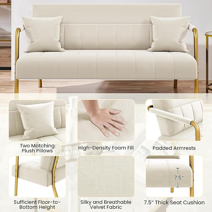 Yaheetech 56.5" W Modern Loveseat 2 Seater Sofa Luxurious Velvet Fabric Couch with Gold-Tone Metal Arms and Legs for Living Room, Home Office, Studio Beige