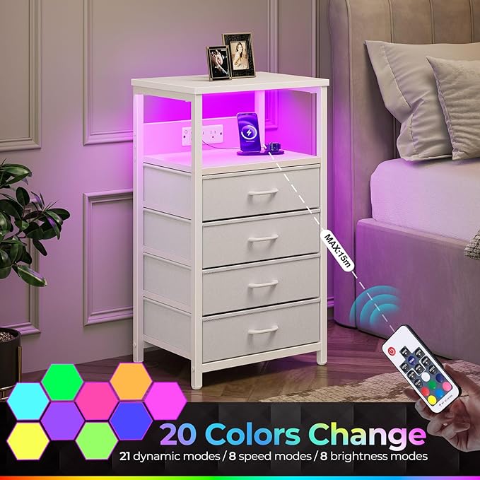 Seventable Night Stand with Charging Station, Tall Nightstand with 4 Fabric Storage Drawers, Side Table with LED Light for Bedroom, Entryway, White, Set of 2