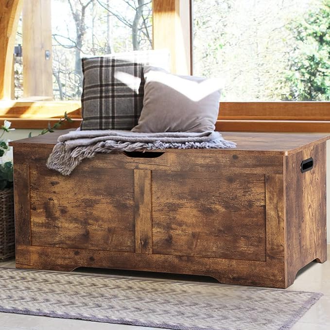 39.4" Storage Chest, Wooden Storage Bench, Lift Top Toy Chest with 2 Safety Hinges, Large Toy Box, Entryway Bench for Living Room, Bedroom, Rustic Brown