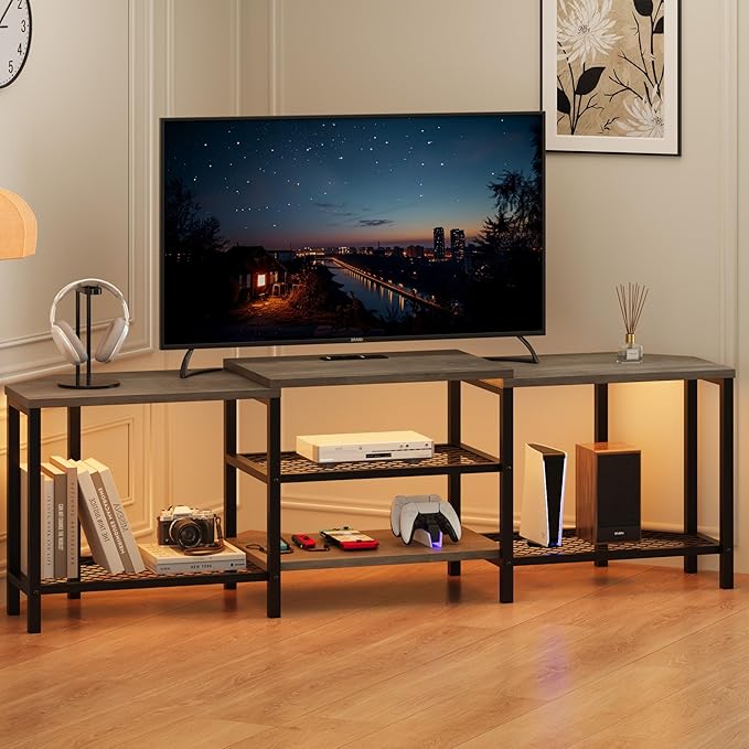 GarveeHome 67 Inch Large TV Stand with LED Lights for 55/65/75 Inch TV, Corner Entertainment Center with Power Outlets, 4 Open Storage Shelves, Media Console for Living Room, Bedroom, Grey