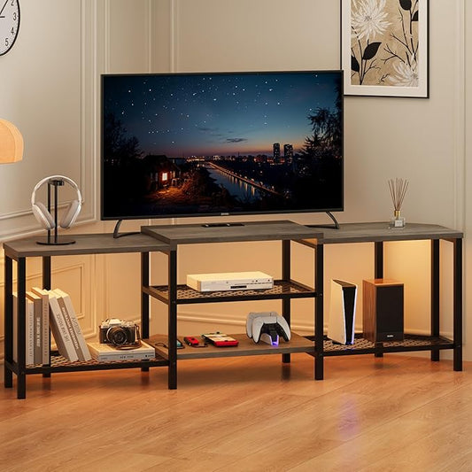 GarveeHome 67 Inch Large TV Stand with LED Lights for 55/65/75 Inch TV, Corner Entertainment Center with Power Outlets, 4 Open Storage Shelves, Media Console for Living Room, Bedroom, Grey