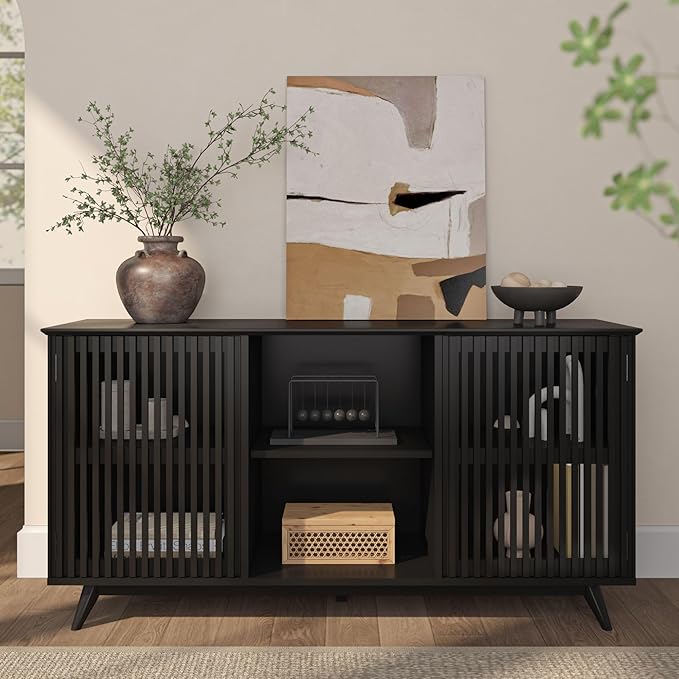 Plank+Beam Mid-Century Modern Wood TV Stand, Solid Wood Entertainment Console with Storage, 59" L x 16" W x 30" H, Black