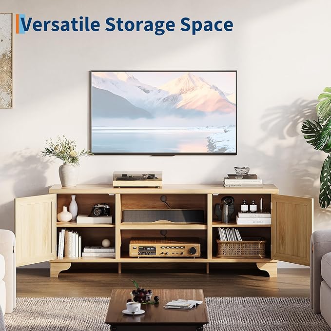 GarveeHome Rattan TV Stand for Living Room, Boho Entertainment Center for 55, 65, 70 Inch TV, Wooden Console Cabinet with Storage and Shelf, Natural Oak