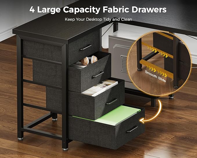 AODK L Shaped Gaming Desk with 4 Drawers, 61" Reversible Home Office Desks with Power Outlets, L Shaped Computer Desk with USB Charging Port and Host Stand, Corner Desk, Easy to Assemble, Black