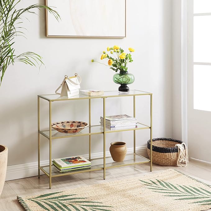 VASAGLE 39.4 Inch Console Table with 3 Shelves, Sofa Tables, Modern Entryway Table, Metal Frame, Tempered Glass Shelf, Entryway Living Room Bedroom, Metallic Gold and Transparent ULGT27G