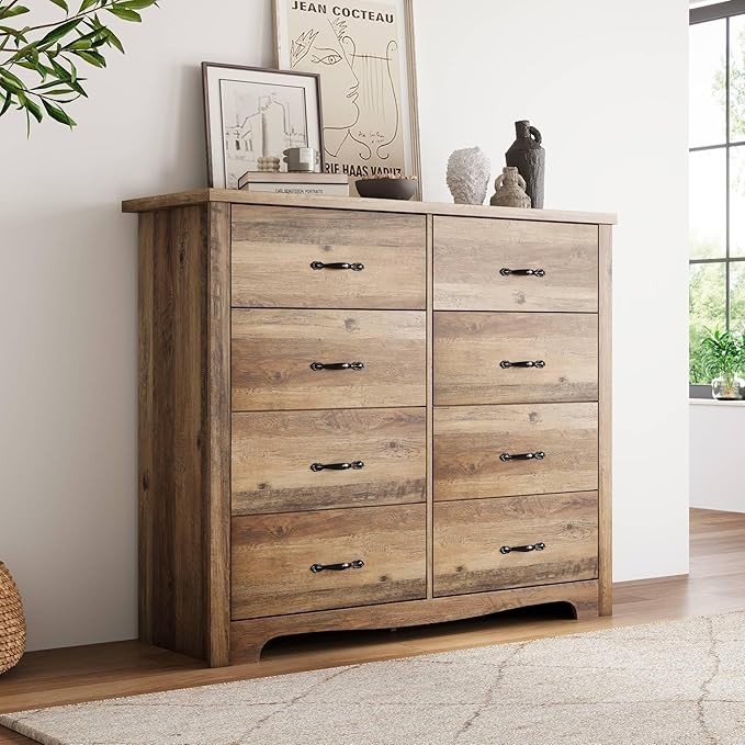 LINSY HOME 8 Drawers Dresser for Bedroom, 47" Wide Wood Dressers & Chests of Drawers, 40" Tall Modern Farmhouse Storage Dresser with Antique Handles for Closet, Living Room, Hallway, Rustic Brown