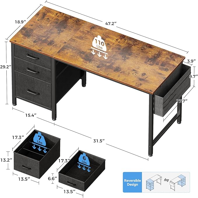 Casaottima 40" Small Computer Home Office Desk for Bedroom with Fabric Drawers & File Cabinet, Cloth Storage Bag and Hook, Writing Study Work Table for Small Space, Vintage