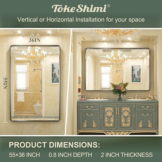 TokeShimi Black Bathroom Mirror for Wall Vanity Mirror with Non-Rusting Aluminum Alloy Brushed Matte Metal Frame for Modern Minimalist Farmhouse Home Decor (Horizontal/Vertical) (55x 36 Inch)
