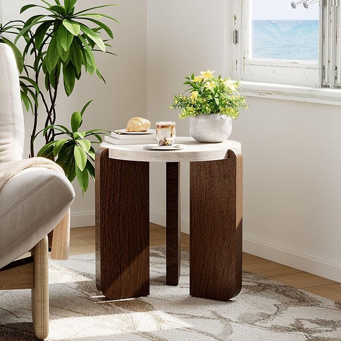 COSIEST Small Round Side Table, Modern 3-Leg Accent End Table with Faux Marble Wood Top and Wood-Like Legs, Nightstand for Living Room, Bedroom, Office, Cream White & Dark Brown,17.7”Dia. x 18.9”H