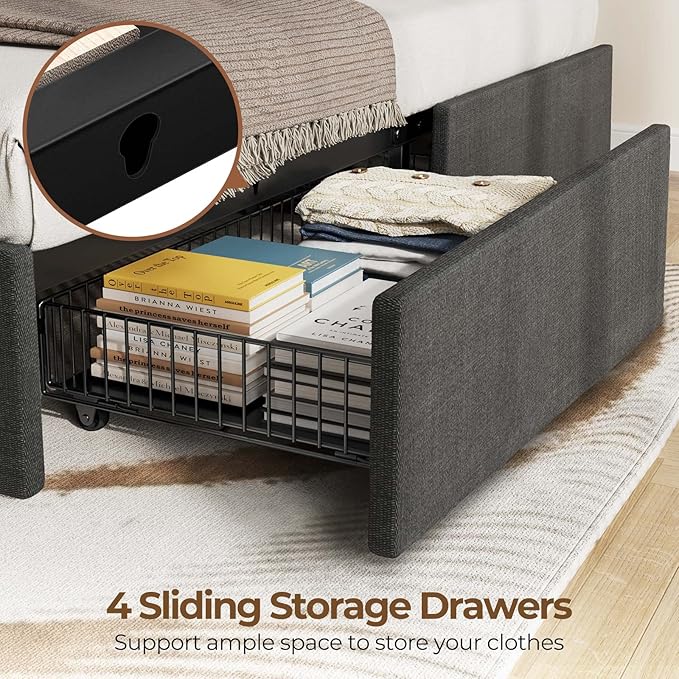 Rolanstar Full Size Bed Frame with 4 Storage Drawers and Charging Station, Full Bed with Led Lights, 2 USB & 1 Type C, Adjustable Headboard 38.9/40.9 Inches, No Box Spring Needed, Grey
