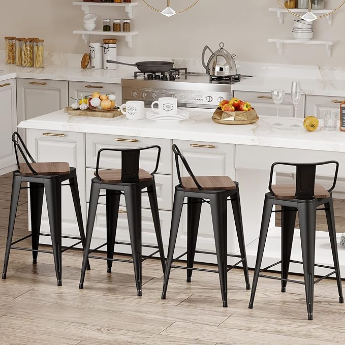 24 Inch Swivel Bar Stools Set of 4 with Backs Counter Height Industrial Metal Barstools Island Bar Chairs for Home Kitchen Dining Room (Swivel 24 inch,Matte Black Wooden)