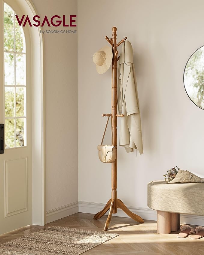 VASAGLE Solid Wood Coat Rack and Stand, Free Standing Hall Coat Tree with 10 Hooks for Hats, Bags, Purses, for Entryway, Hallway, Rubberwood, Caramel Brown URCR03WN