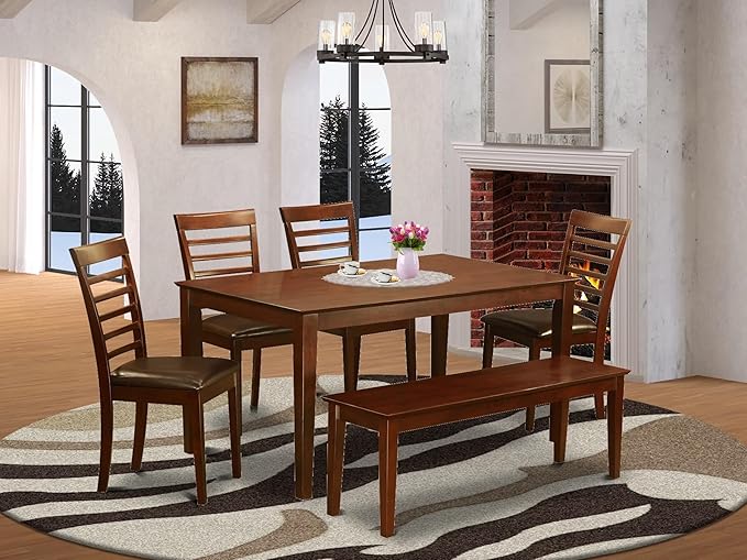East West Furniture CAML6C-MAH-LC 6 Piece Dining Table Set Contains a Rectangle Dining Room Table and 4 Faux Leather Upholstered Chairs with a Bench, 36x60 Inch, Mahogany