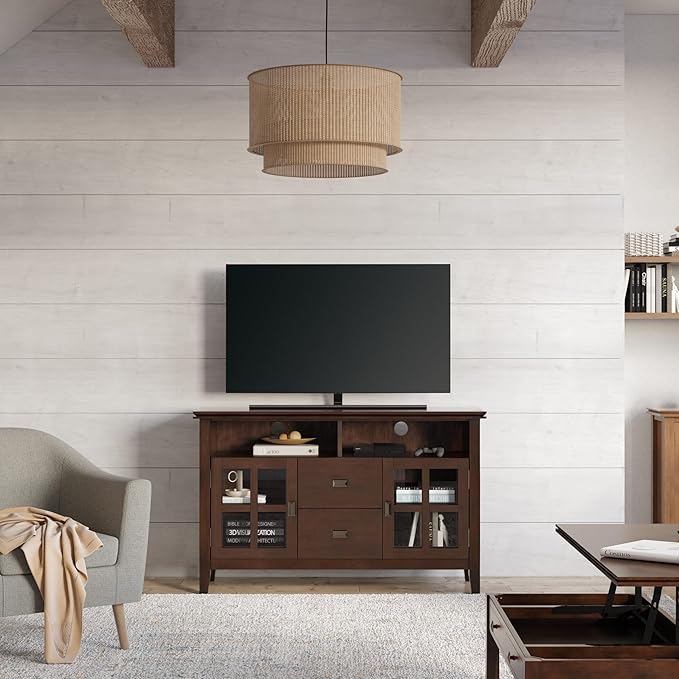 SIMPLIHOME Artisan SOLID WOOD 48 Inch Wide Contemporary TV Media Stand in Russet Brown for TVs up to 55 Inches, For the Living Room and Entertainment Center