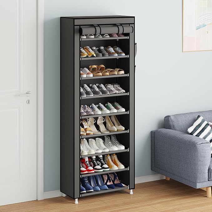 Calmootey 9 Tier Shoe Rack Organizer,Portable Shoe Shelf with Nonwoven Fabric Cover for Closet Hallway,Bedroom,Entryway,Grey