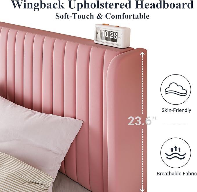 Allewie Queen Size Velvet Bed Frame/Vertical Channel Tufted Wingback Headboard/Upholstered Platform Bed/Strong Wooden Slats/No Box Spring Needed/Easy Assembly/Pink