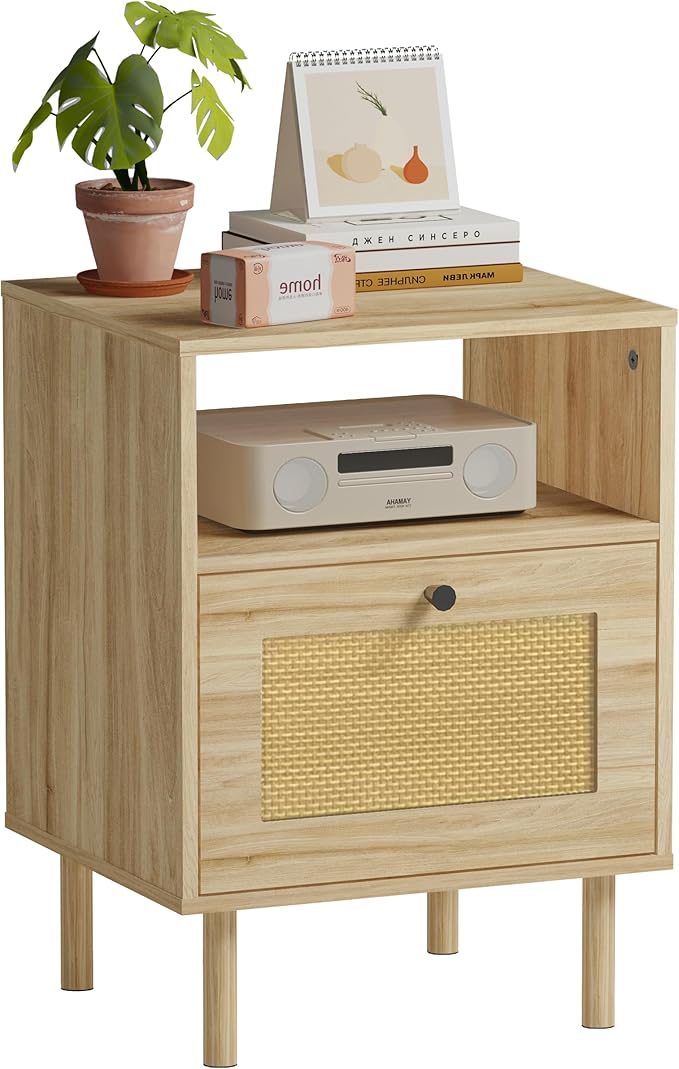 Rattan Nightstand with Storage Boho Modern Farmhouse Bedside Table with Drawer & Open Shelf Light Wood End Table for Bedroom, Living Room, Office, Dorm - Natural Walnut 0ak Color
