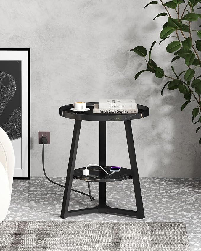 Round End Table with Charging Station, 19.7" Dia x 23.63" H, Side Table with Storage Shelf, for Living Room, Bedroom, Faux Marble Top, Black