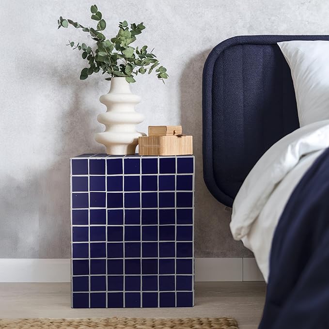 JONATHAN Y END2000D Callista 18" Modern Bohemian Ceramic Tiled Rectangle End Table, Side Table, Accent Table for Living Room, Bedroom, Navy/White