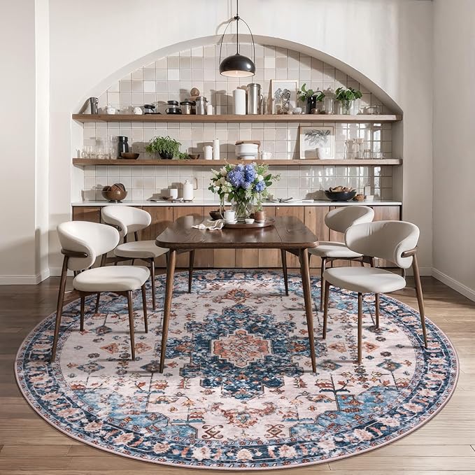 Tangsoo Vintage Round Rug 5ft,Washable Circle Rug, Non Slip Boho Round Area Rug, Low Pile Circular Rugs, Round Carpet for Bedroom,Livingroom,Nursery,Dorm,Office,Blue/Orange