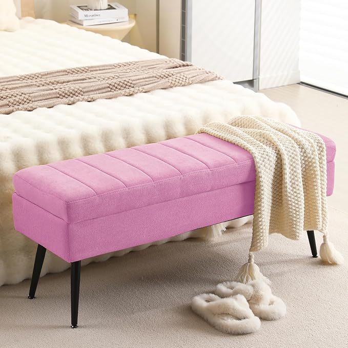 CUYOCA Storage Ottoman Bench, 43.5" Upholstered Entryway Bench, Long Ottoman with Storage for Living Room, Support 660lbs - Fabric Pink