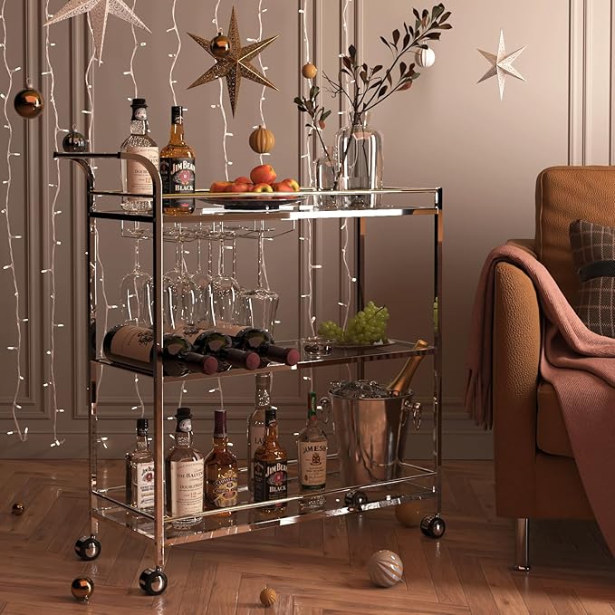 Bar Cart Silver, Home Bar Serving Cart, Modern Bar Cart with 3-Tier, Mobile Kitchen Shelf with Wine Rack and Glass Holder, Bar Carts for The Home, Dining Room, Living Room