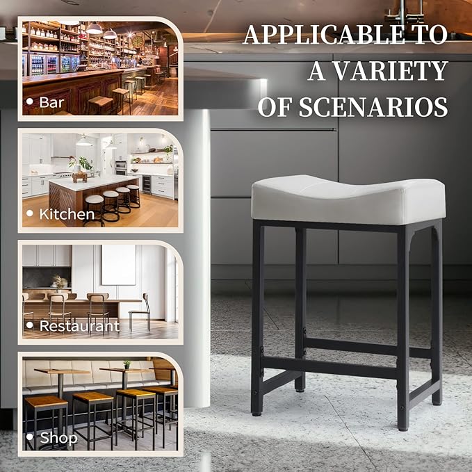 Off White Counter Height Bar Stools Set of 2, 24" White Bar Stools for Kitchen Counter with Saddle Cushion, Modern Backless Barstools Counter Stools Island Chair for Bar Kitchen