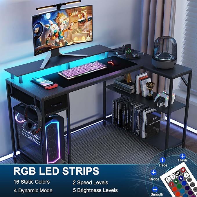 47 inch Gaming Desk with Power Outlet & LED Light, Reversible L Shaped Desk, L Shaped Desk with Hook & Monitor Stand, Computer Desk with Drawer and Shelves for Home Office Bedroom