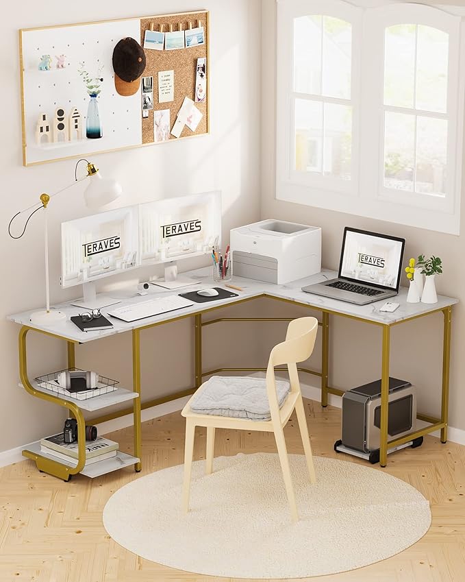 Teraves Reversible L Shaped Desk with Large Surface, 69 Inch Sturdy Corner Desk with Storage Shelves, Premium Office Computer Desk Workstation for Home Office Gaming