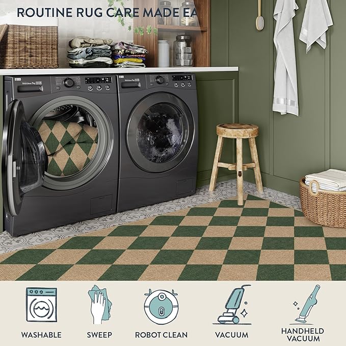 Lahome Checkered Outdoor Rug 5x7, Washable Rug for Living Room Office Indoor Outdoor Carpet, Farmhouse Non Slip Non Shedding Green Carpet for Dining Room Sunroom Patio Courtyard