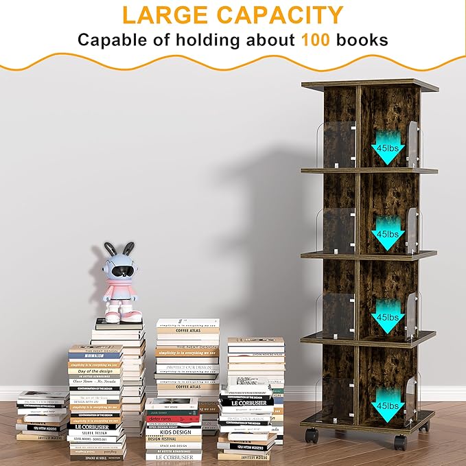 VECELO Rotating Bookshelf with Brake Wheels, 4 Tier Revolving Bookcase, 360° Corner Display Shelf for Kids, Narrow Rolling Bookshelves for Small Space, Corner, Bedroom, Office, Brown