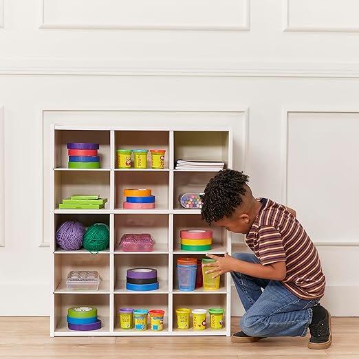 ECR4Kids Streamline 15 Cubby Tray Storage Cabinet, 5x3, Classroom Furniture, White Wash