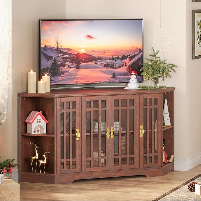 IRONCK Corner TV Stand for TVs up to 60 Inch with Power Outlet, Corner Entertainment Center with Storage Cabinet and Glass Doors, Mid Century Modern TV Stand for Living Room, Bedroom, Red Walnut
