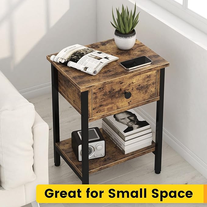 Nightstands Set of 2 with Wood Drawers, Bedside Table Set of 2 with Storage Shelf, Heavy Duty End Side Table for Bedroom Living Room Bedroom Small Space Sofa Couch, Wooden Metal Night Stand, Black