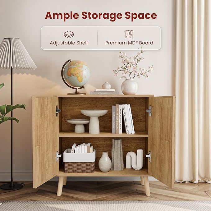 Pamapic Fluted Storage Cabinet, Sideboard Buffet Cabinet with Storage, Wood Credenza with Adjustable Shelves, Modern Accent Cabinet for Living Room, Kitchen, Entryway, Natural(2, Oak)