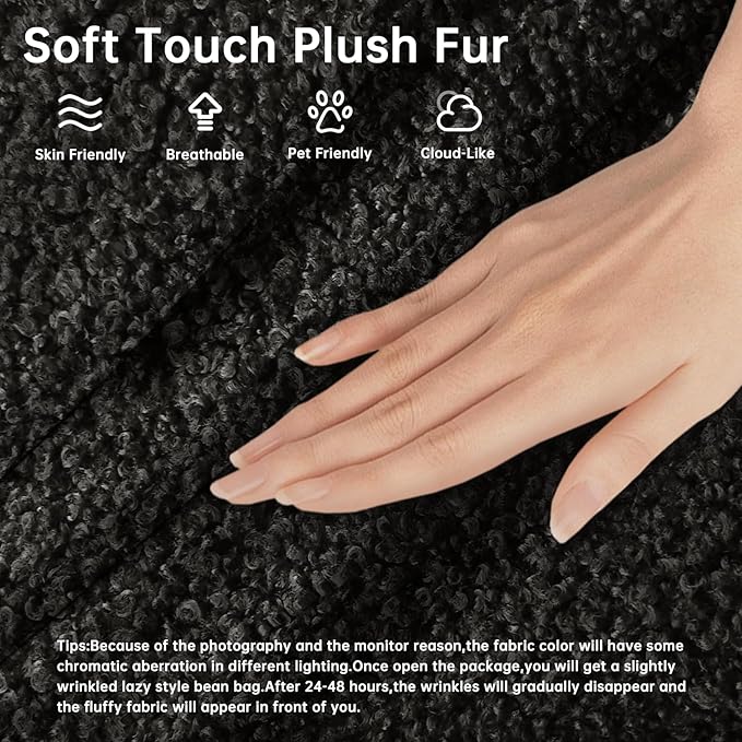 Bean Bag Chairs for Adults, BeanBag Reading Chair Memory Foam Couch, Floor Chair Soft Teddy Material, Comfy Reading Nook Chairs for Bedroom Living Room Office (Black)
