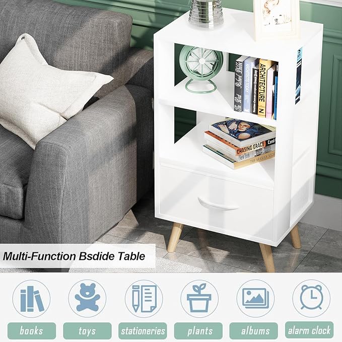 Night Stand, White Kids Nightstand with Drawer, Nursery Side Table with Open Storage, 3-Tier Modern End Table, Bedside Table for Small Space, Living Room, Bedroom