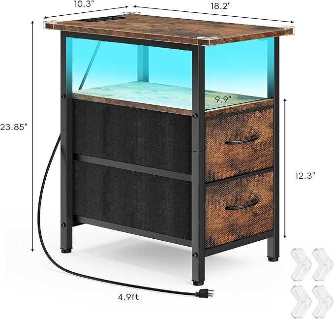 Vagusicc Nightstand with Charging Station and LED Lights, Narrow Side Table, LED Night Stand with 2 Fabric Drawers, Bedside Table with USB Ports and Outlets, Tall Nightstand for Bedroom, Rustic Brown