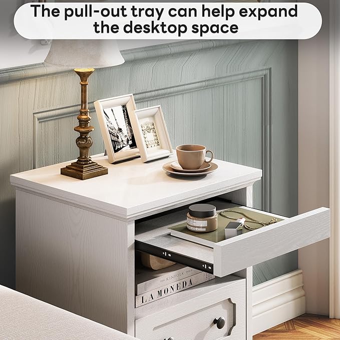 LIKIMIO Night Stand, Modern Bedside Table with 2 Drawers, Open Shelf, End Table with Pull-Out Tray, Wood SideTable, White